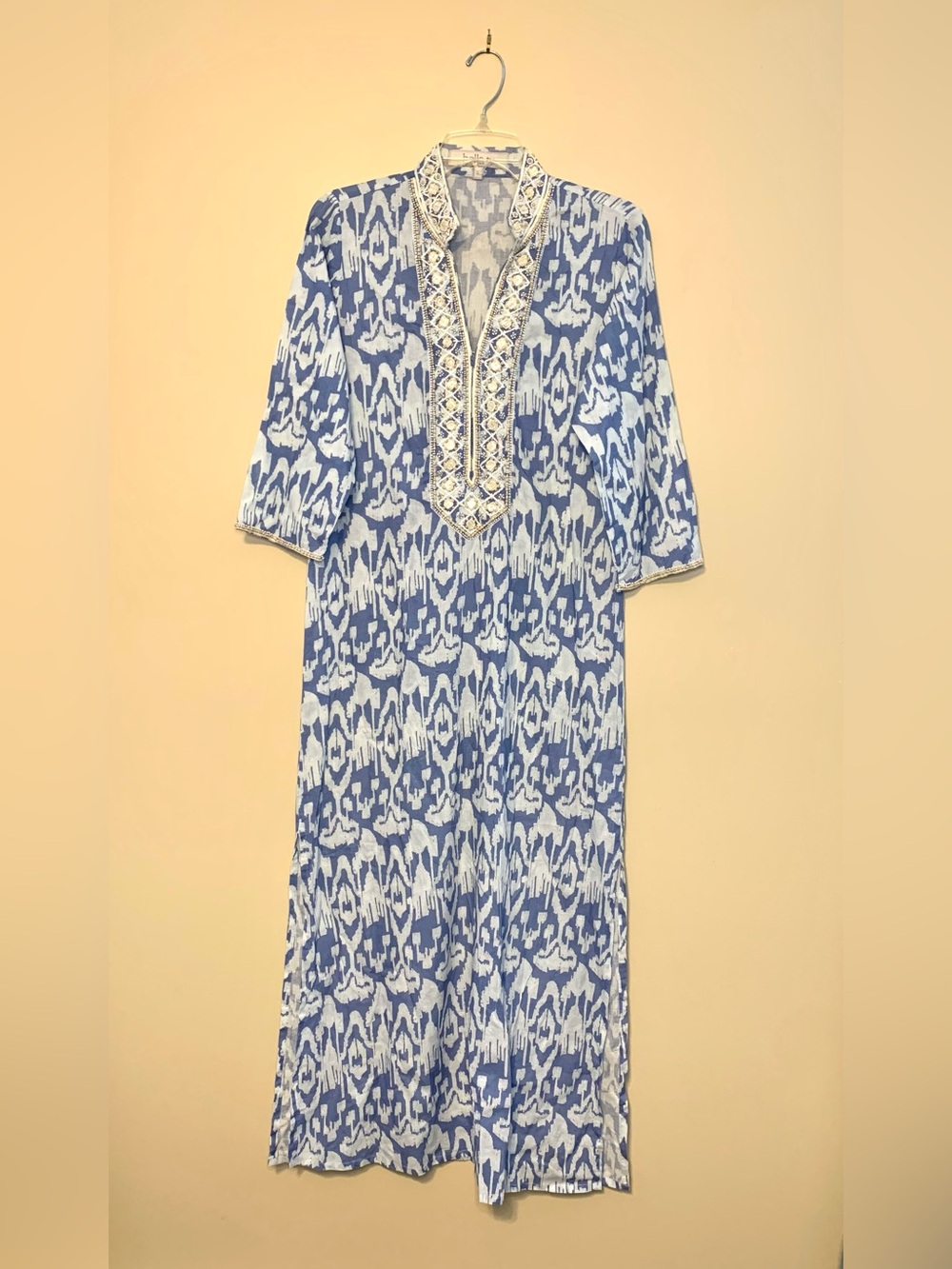 Bella tu tunic/kaftan beaded maxi 100% cotton dress Long Beach cover-up Size S